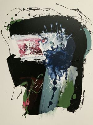 peinture abstraite représentant un homme avec des éclaboussures de peinture sur le visage