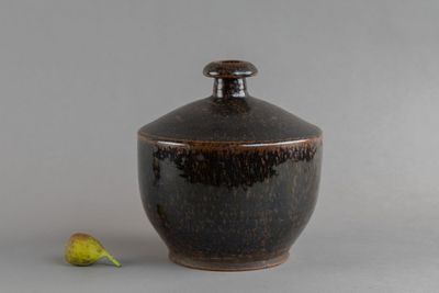 un petit vase avec une poire sur la table