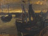 une peinture représentant un bateau dans l'eau, entouré d'autres bateaux