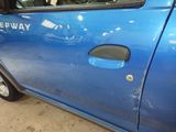 a blue car that has a window and door handle on it