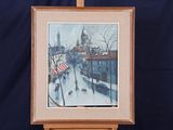une peinture à l'huile représentant une scène de rue urbaine avec un drapeau posé sur un chevalet