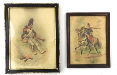 Ensemble de 2 gravures représentant un chasseur à cheval et …