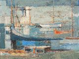 tableau représentant un tableau d'un bateau dans un port, avec d'autres bateaux en arrière-plan