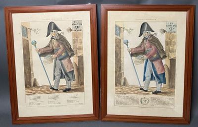 deux gravures encadrées représentant un homme coiffé d'un chapeau à trois cornes et un homme muni d'une canne