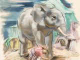 tableau représentant un éléphant debout à côté d'une petite fille devant une tente