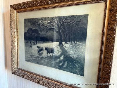 Lithographie Paysage de neige vaches un jour d'hiver - Dim.