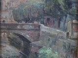 painting of a bridge over a river with a castle in the background