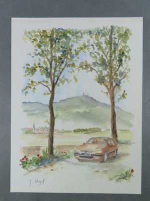 une photo d'un tableau représentant une voiture garée devant un arbre