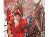 painting of a man in a red suit riding a horse drawn carriage