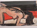 a painting of a woman bending over a man