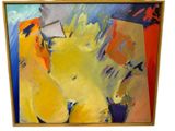 peinture abstraite représentant une femme en robe jaune dans une pièce jaune
