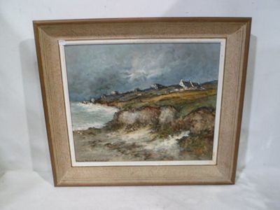 framed oil painting of a beach scene with a lighthouse in the distance