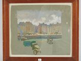 painting of a view of a harbor with boats and buildings in the background