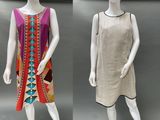 two mannequins dressed in different colors and patterns on display