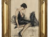 painting of a woman reading a book with a dog sitting beside her