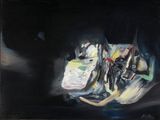 une peinture à l'huile représentant un vase rempli d'objets divers posé sur une table