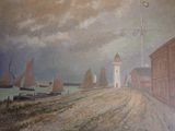 une peinture représentant un phare au bord de la route