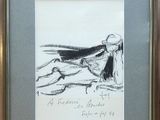 drawing of a woman laying on a bed with a hat on her head