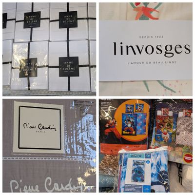plusieurs photos de divers articles exposés sur une table dans un magasin