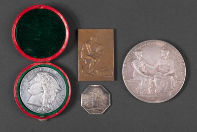 an assortment of silver and silver coins including a medal, a medal, and a medal