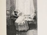 a black and white drawing of a woman laying on a bed