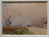 une photo d'un tableau représentant un moulin à vent au bord de la route