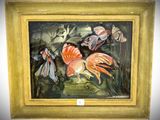 a picture of a painting of two fish in a pond