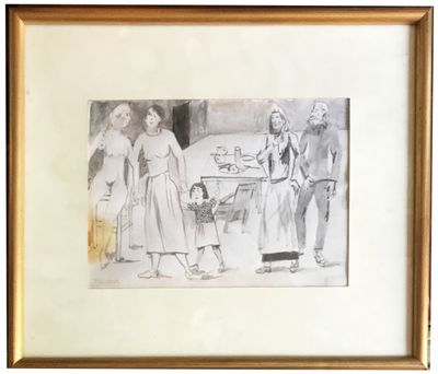 dessin représentant un groupe de personnes debout autour d'une table dans une pièce