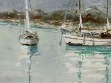 three boats that are floating in the water on a cloudy day