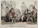 a drawing of a group of people standing in a street