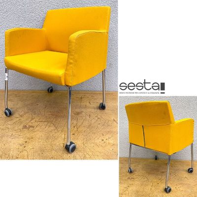 two pictures of a yellow chair sitting on top of a hard wood floor