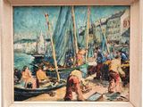 a painting of a group of people on the beach