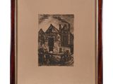 a black and white drawing of a castle in a frame