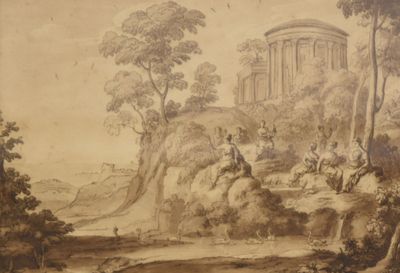 tableau représentant un groupe de personnes assises sur une colline dans un environnement boisé