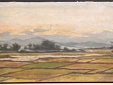 an oil painting of a landscape with a field and mountains in the background
