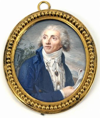 un vieux tableau représentant un homme en manteau bleu tenant une pipe