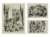 trois dessins en noir et blanc représentant des bâtiments et des passants dans une rue