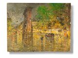 une peinture à l'huile sur toile représentant une scène fluviale avec des bateaux et des bâtiments