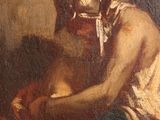 an oil painting of a man sitting on the ground with a knife in his hand