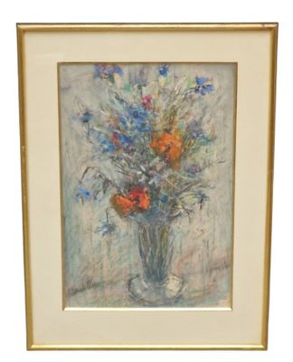 a painting of flowers in a vase on a table