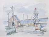une aquarelle représentant un phare sur le rivage