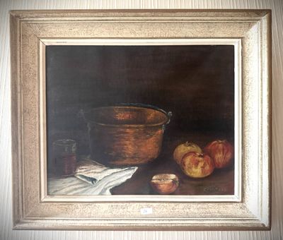 tableau représentant une nature morte composée de pommes et d'un bol posés sur une table