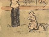dessin représentant une femme et un enfant dans un parc avec une fontaine