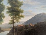 a painting of a landscape with a river in the foreground and a mountain in the background