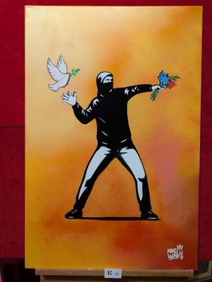 un tableau représentant un homme tenant une colombe et une fleur