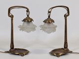 pair of antique brass table lamps with frosted glass lampshads