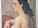 tableau représentant une femme aux longs cheveux noirs assise devant un mur blanc