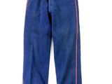 blue cordurope pants with pink pips on the side of the pants