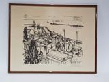 drawing of a view of a city with a plane flying over it