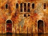 une peinture représentant un bâtiment avec une porte et des fenêtres rouges